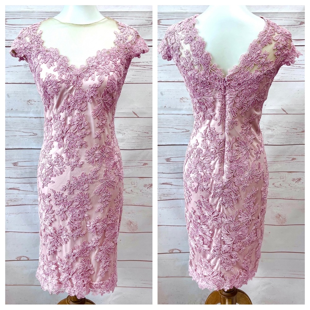 Tadashi Shoji Dusty Rose Blush Illusion Neckline Lace Formal Dress
